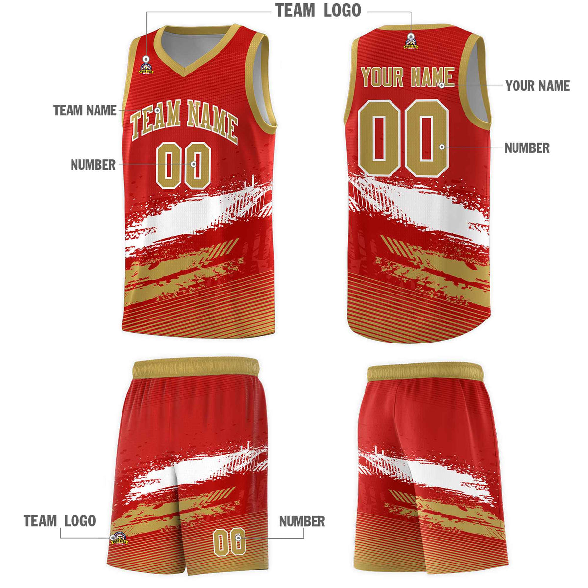 Custom Red White and Old Gold Graffiti Pattern Sports Uniform Basketball Jersey|KXKSHOP