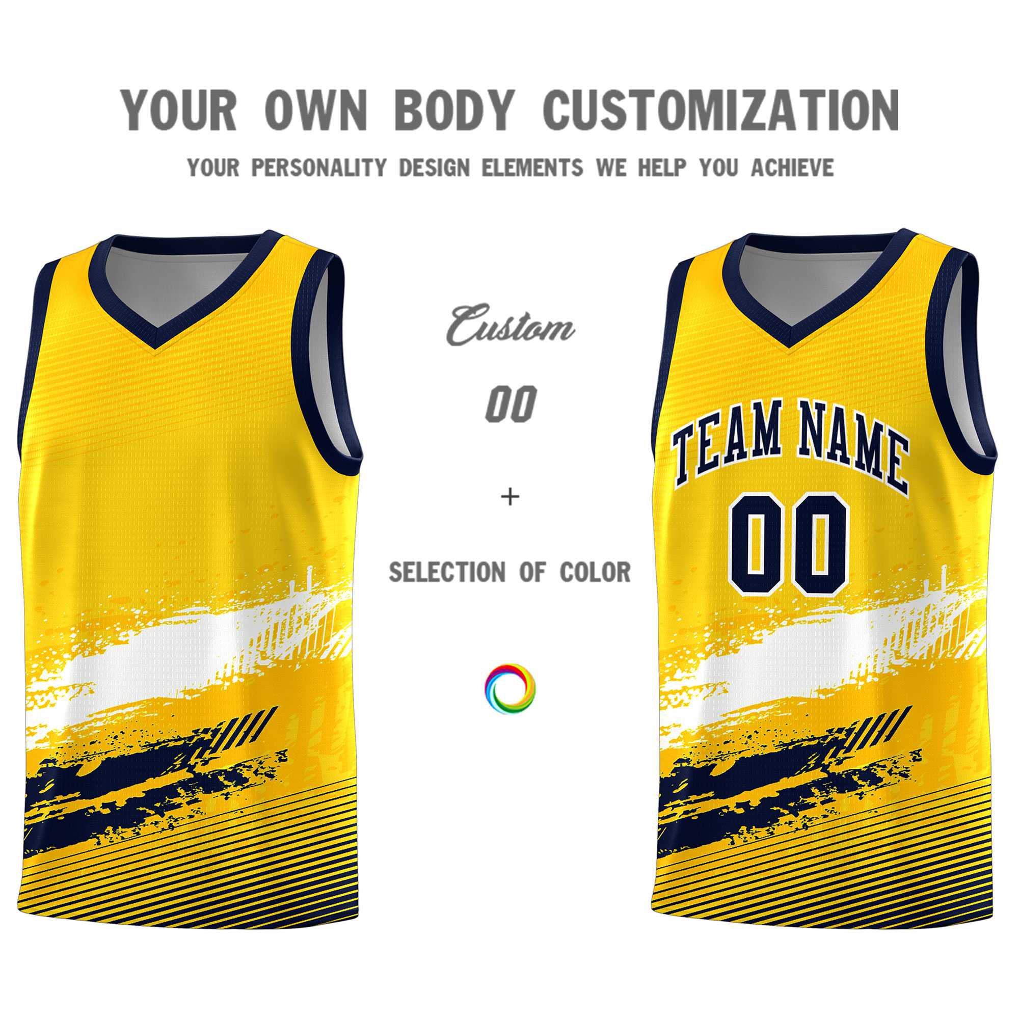 Custom Yellow White and Navy Graffiti Pattern Sports Uniform Basketball Jersey|KXKSHOP