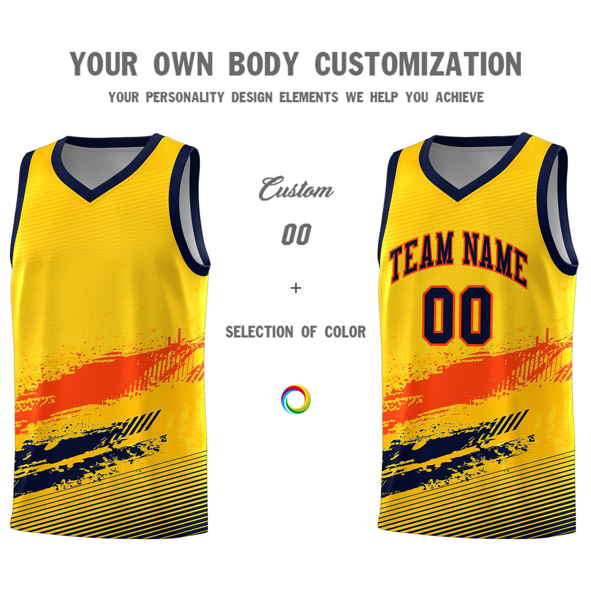 Custom Yellow Orange and Navy Graffiti Pattern Sports Uniform Basketball Jersey|KXKSHOP