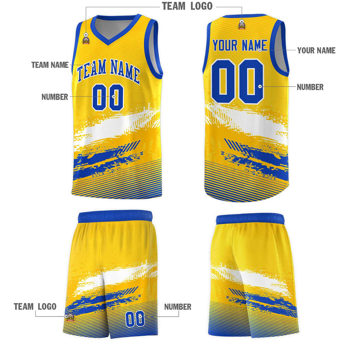 Custom Yellow White and Royal Graffiti Pattern Sports Uniform Basketball Jersey|KXKSHOP