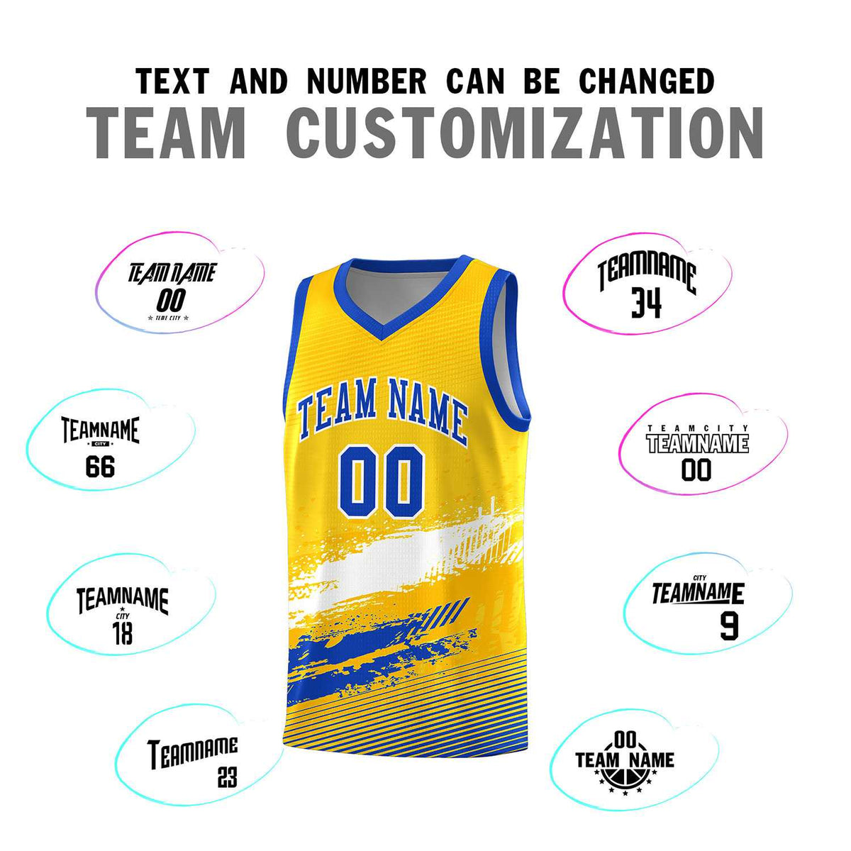 Custom Yellow White and Royal Graffiti Pattern Sports Uniform Basketball Jersey|KXKSHOP