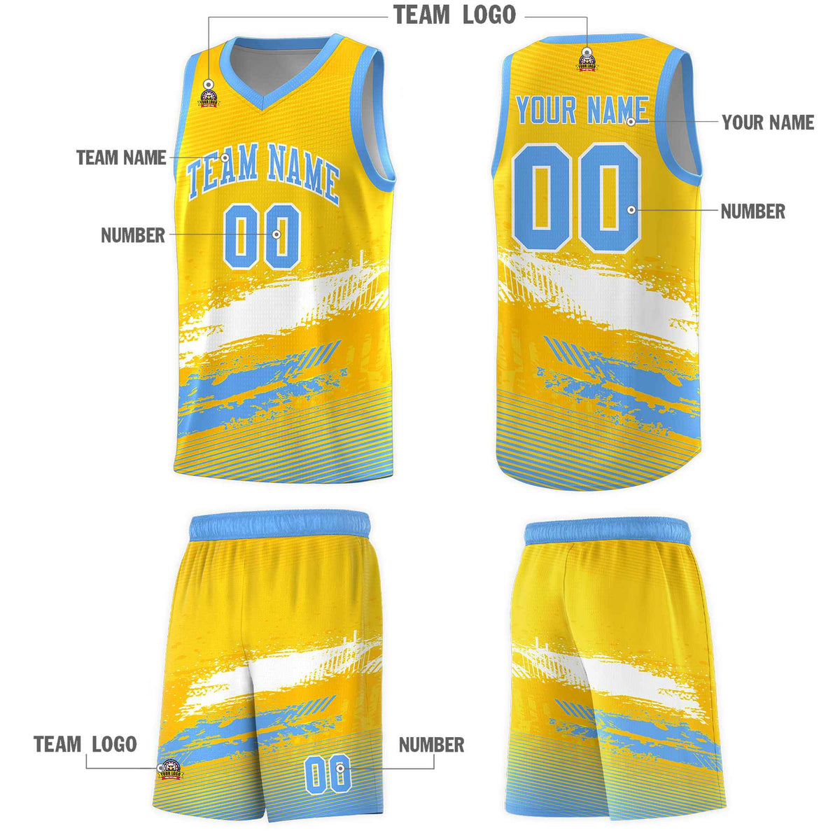 Custom Yellow White and Powder Blue Graffiti Pattern Sports Uniform Basketball Jersey|KXKSHOP