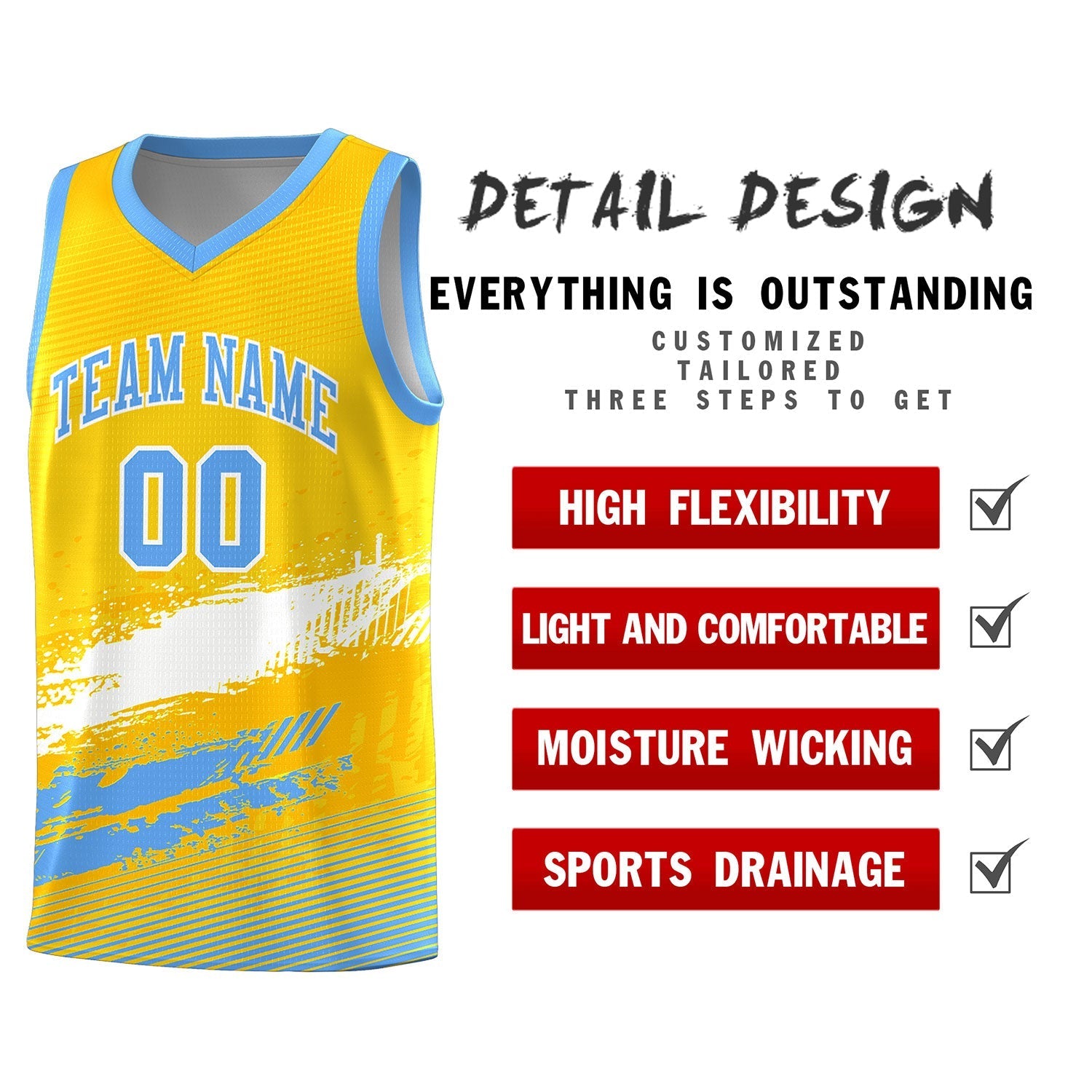 Custom Yellow White and Powder Blue Graffiti Pattern Sports Uniform Basketball Jersey|KXKSHOP