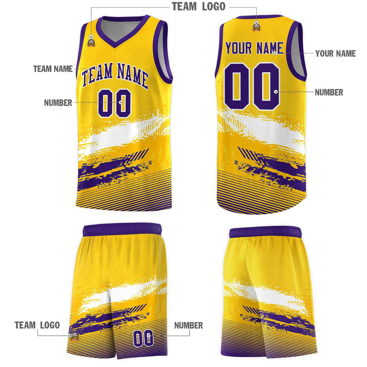 Custom Yellow White and Purple Graffiti Pattern Sports Uniform Basketball Jersey|KXKSHOP