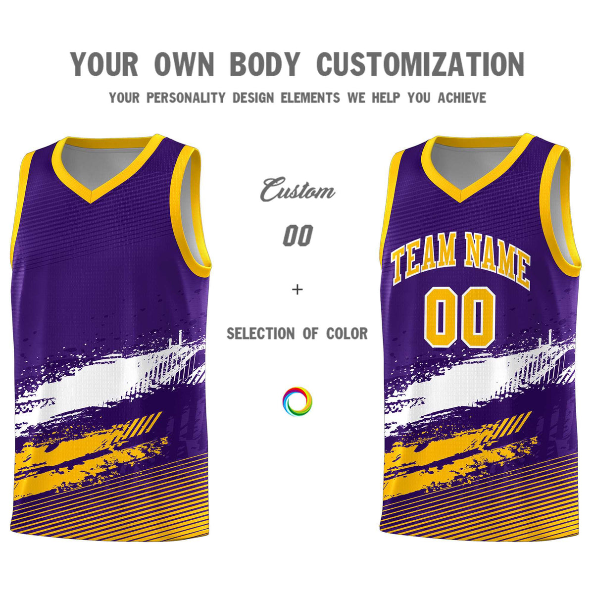 Custom Purple White and Yellow Graffiti Pattern Sports Uniform Basketball Jersey|KXKSHOP