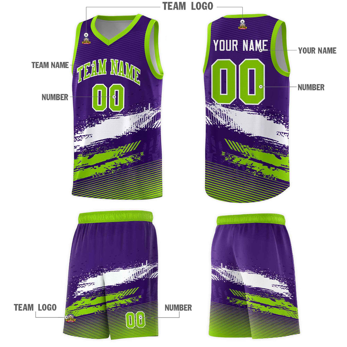 Custom Purple White and Neon Green Graffiti Pattern Sports Uniform Basketball Jersey|KXKSHOP