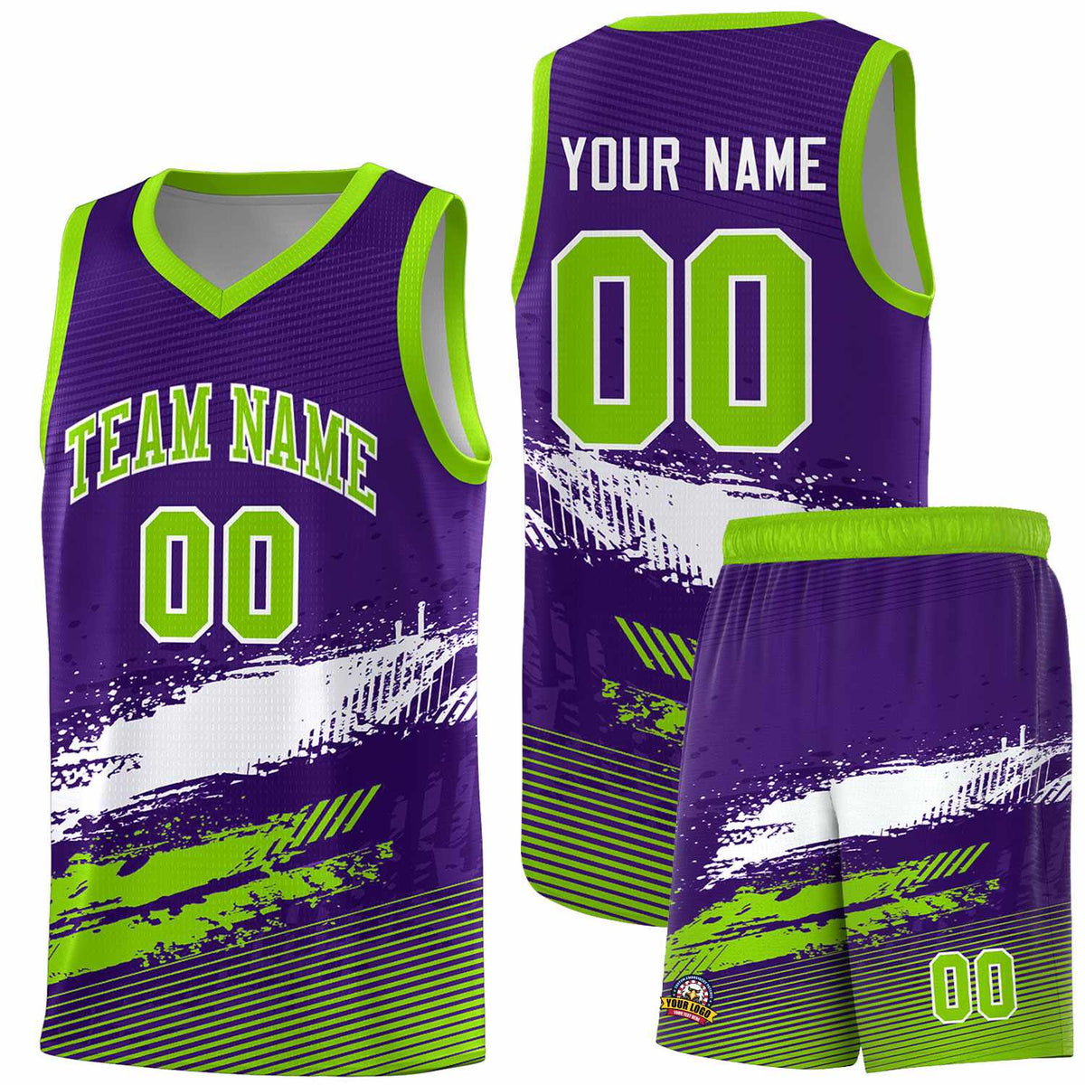 Custom Purple White and Neon Green Graffiti Pattern Sports Uniform Basketball Jersey|KXKSHOP