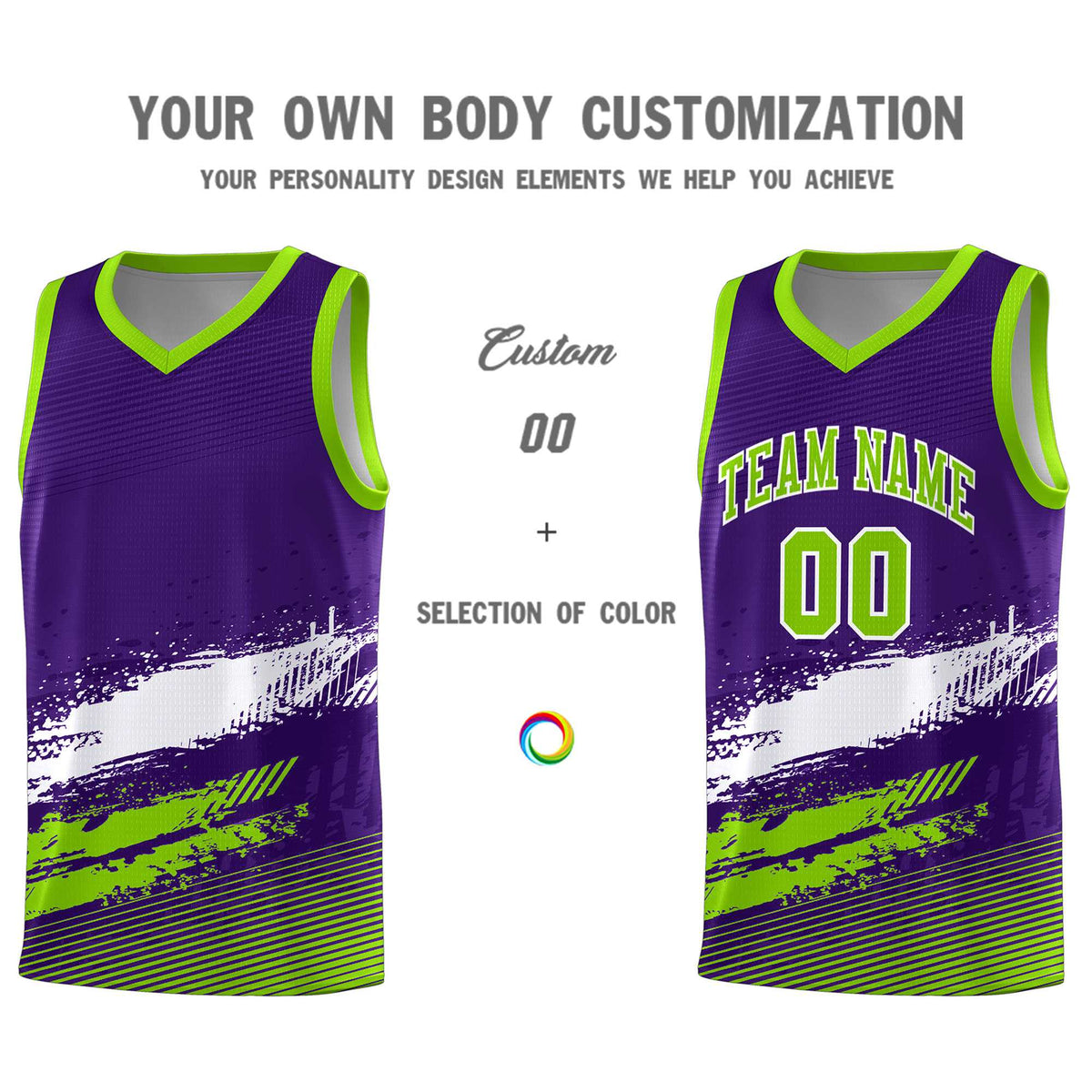 Custom Purple White and Neon Green Graffiti Pattern Sports Uniform Basketball Jersey|KXKSHOP