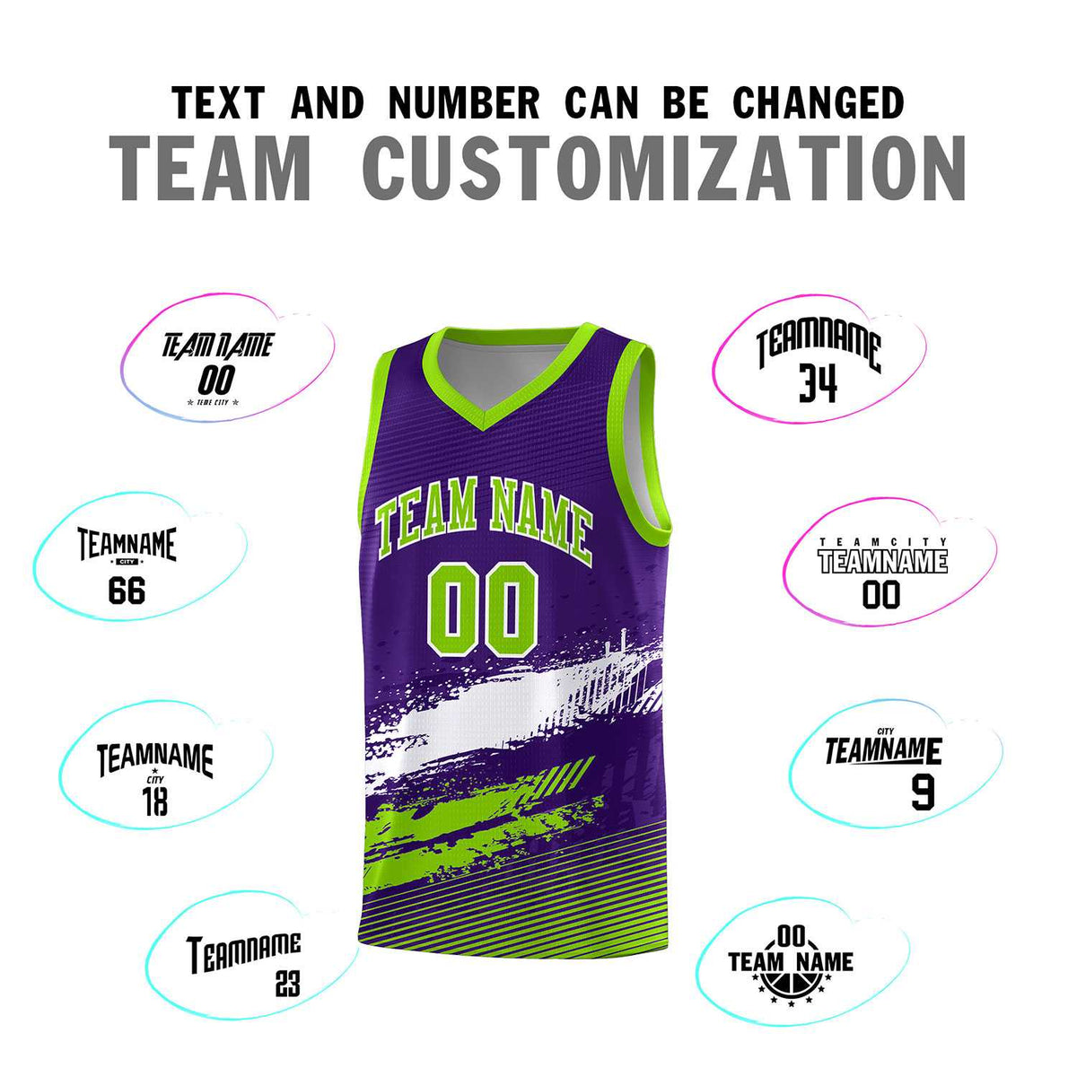 Custom Purple White and Neon Green Graffiti Pattern Sports Uniform Basketball Jersey|KXKSHOP