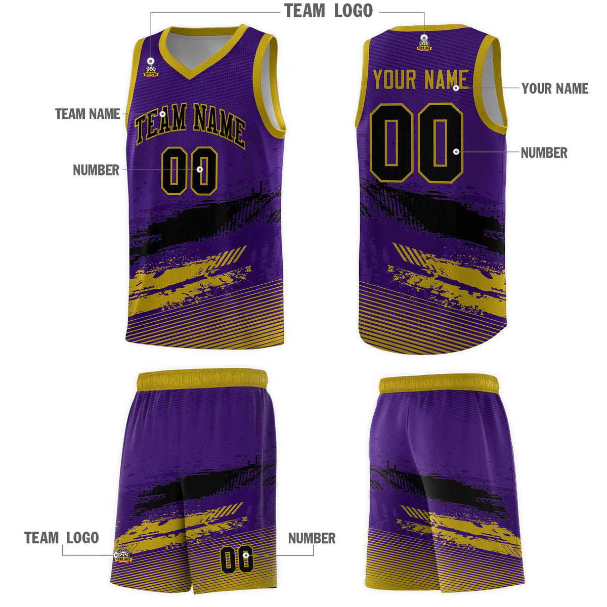 Custom Purple Black and Old Gold Graffiti Pattern Sports Uniform Basketball Jersey|KXKSHOP