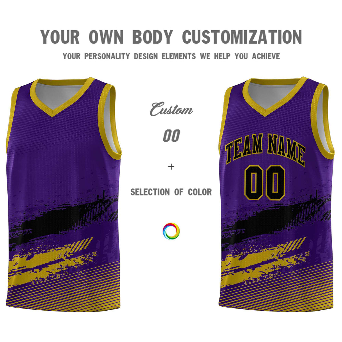 Custom Purple Black and Old Gold Graffiti Pattern Sports Uniform Basketball Jersey|KXKSHOP