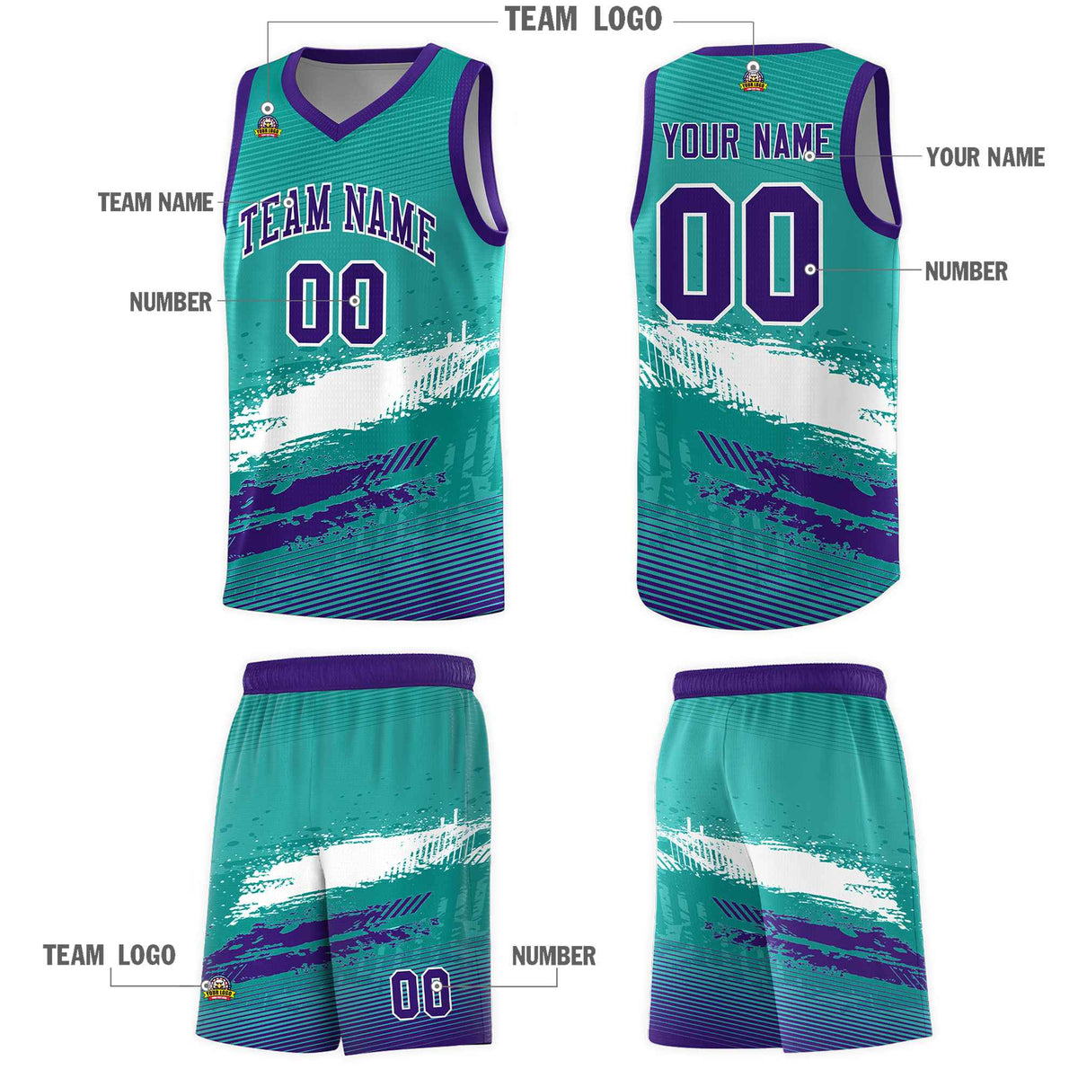 Custom Aqua White and Purple Graffiti Pattern Sports Uniform Basketball Jersey|KXKSHOP