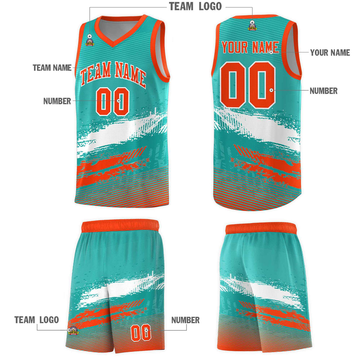 Custom Aqua White and Orange Graffiti Pattern Sports Uniform Basketball Jersey|KXKSHOP