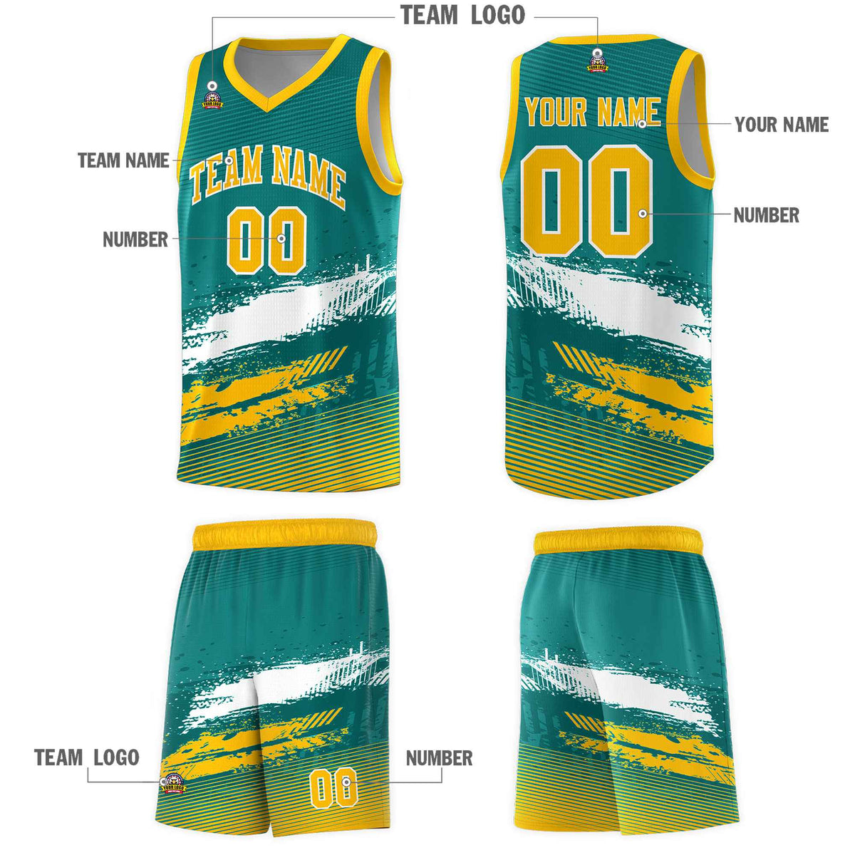 Custom Aqua White and Yellow Graffiti Pattern Sports Uniform Basketball Jersey|KXKSHOP