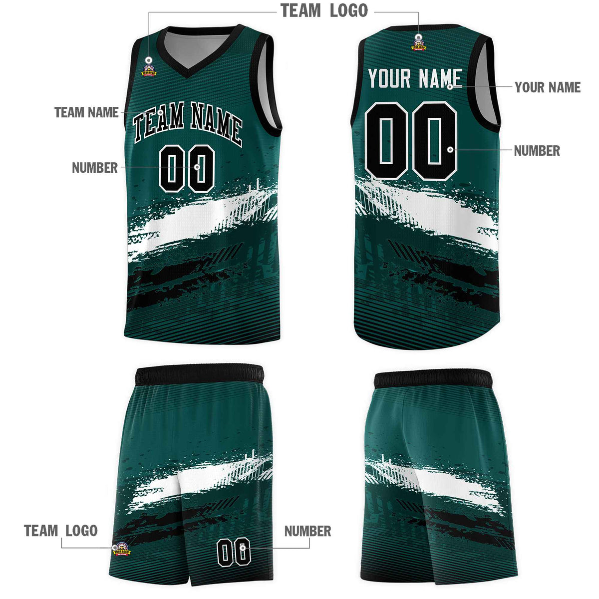 Custom Midnight Green White and Black Graffiti Pattern Sports Uniform Basketball Jersey|KXKSHOP