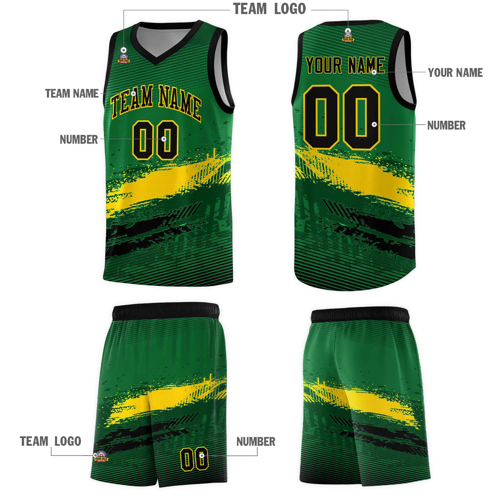 Custom Kelly Green Gold and Black Graffiti Pattern Sports Uniform Basketball Jersey|KXKSHOP
