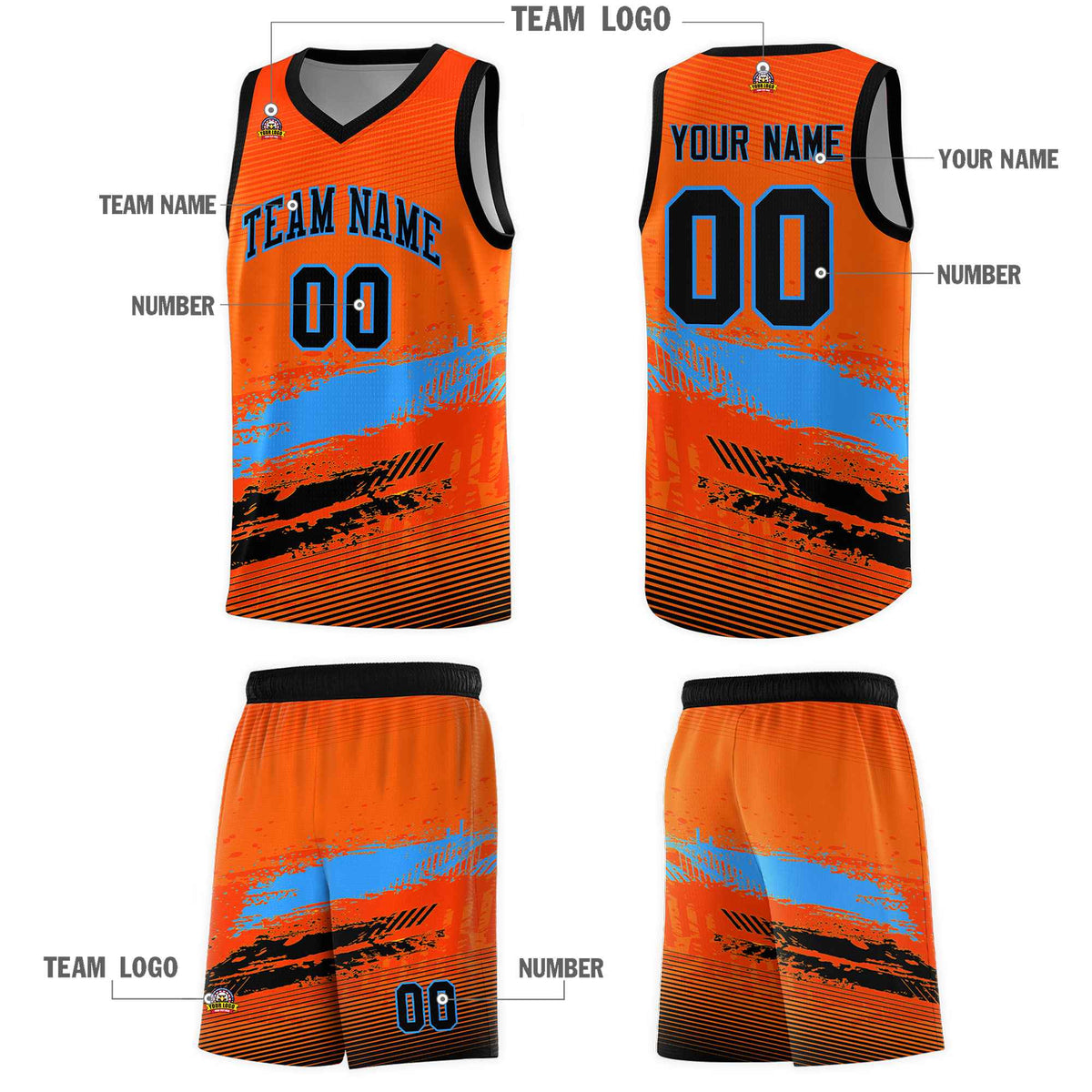 Custom Orange Powder Blue and Black Graffiti Pattern Sports Uniform Basketball Jersey|KXKSHOP