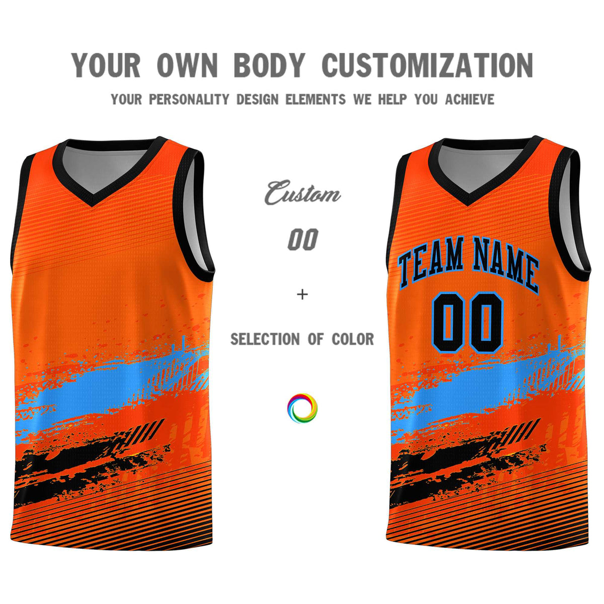 Custom Orange Powder Blue and Black Graffiti Pattern Sports Uniform Basketball Jersey|KXKSHOP