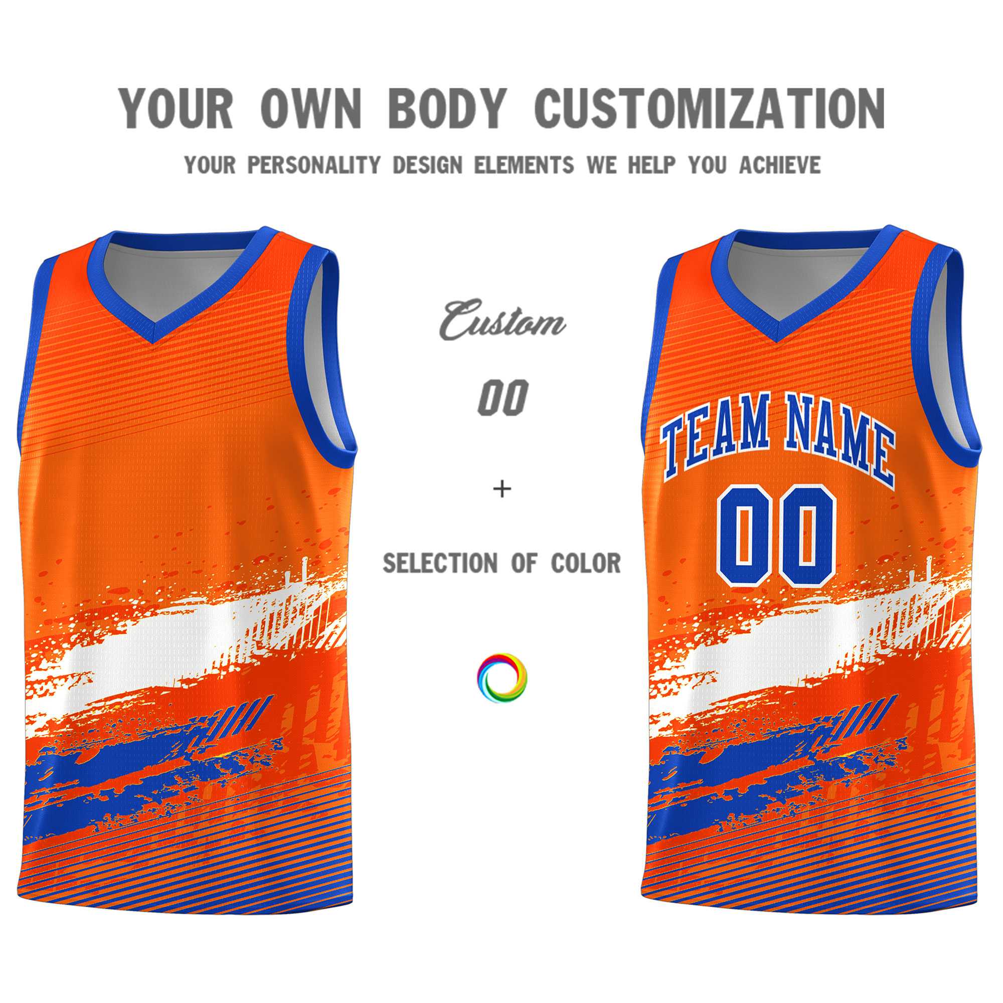 Custom Orange White and Royal Graffiti Pattern Sports Uniform Basketball Jersey|KXKSHOP