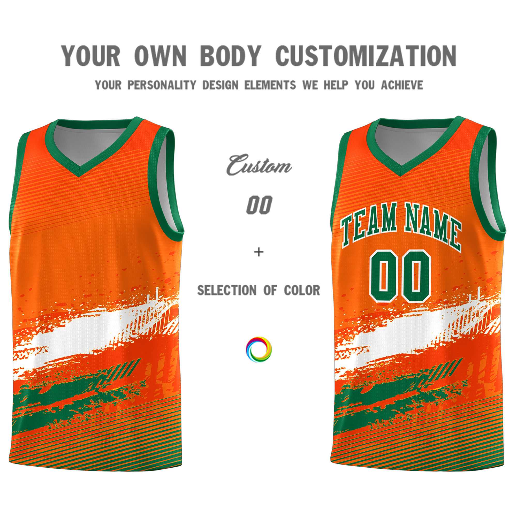 Custom Orange White and Kelly Green Graffiti Pattern Sports Uniform Basketball Jersey|KXKSHOP