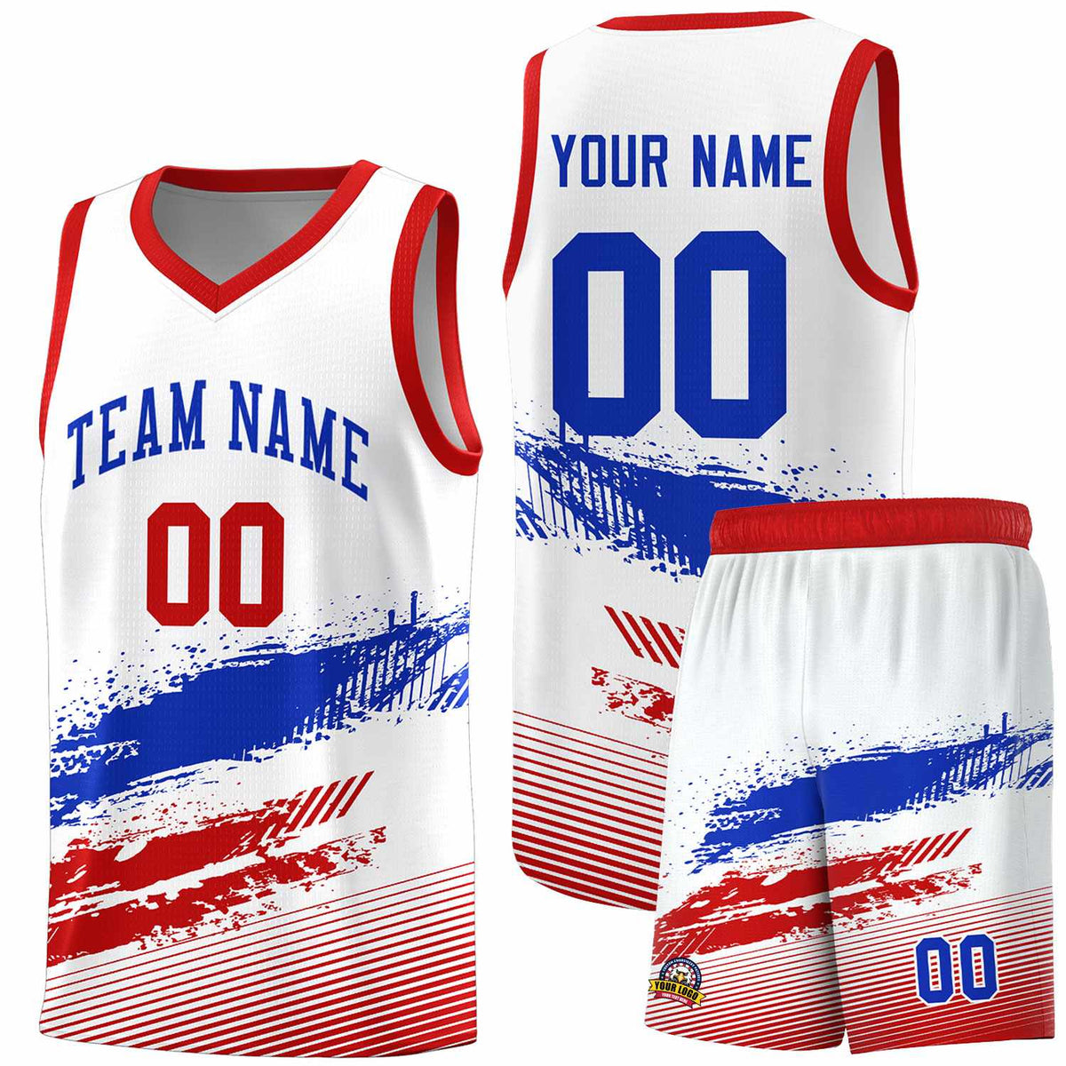 Custom White Royal and Red Graffiti Pattern Sports Uniform Basketball Jersey|KXKSHOP