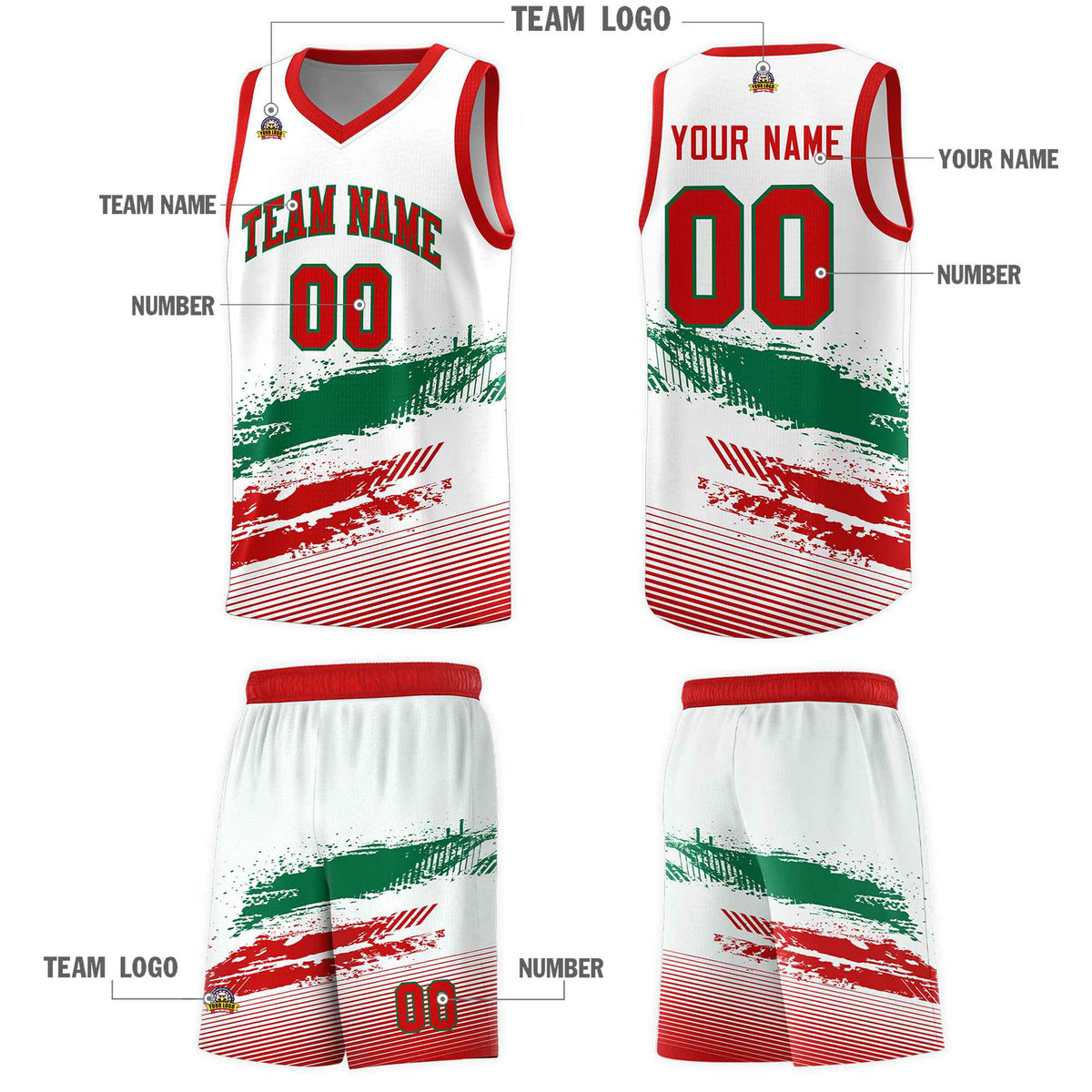 Custom White Kelly Green and Red Graffiti Pattern Sports Uniform Basketball Jersey|KXKSHOP