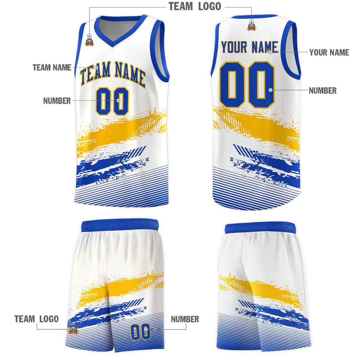 Custom White Yellow and Royal Graffiti Pattern Sports Uniform Basketball Jersey|KXKSHOP