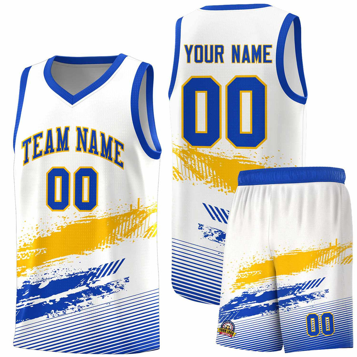 Custom White Yellow and Royal Graffiti Pattern Sports Uniform Basketball Jersey|KXKSHOP