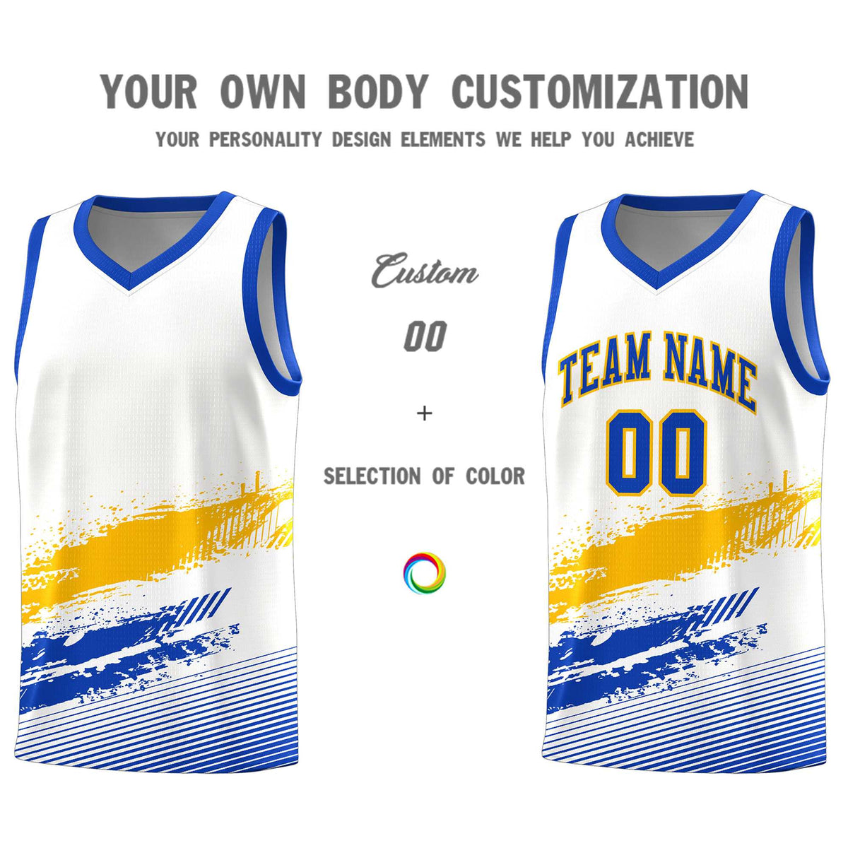 Custom White Yellow and Royal Graffiti Pattern Sports Uniform Basketball Jersey|KXKSHOP