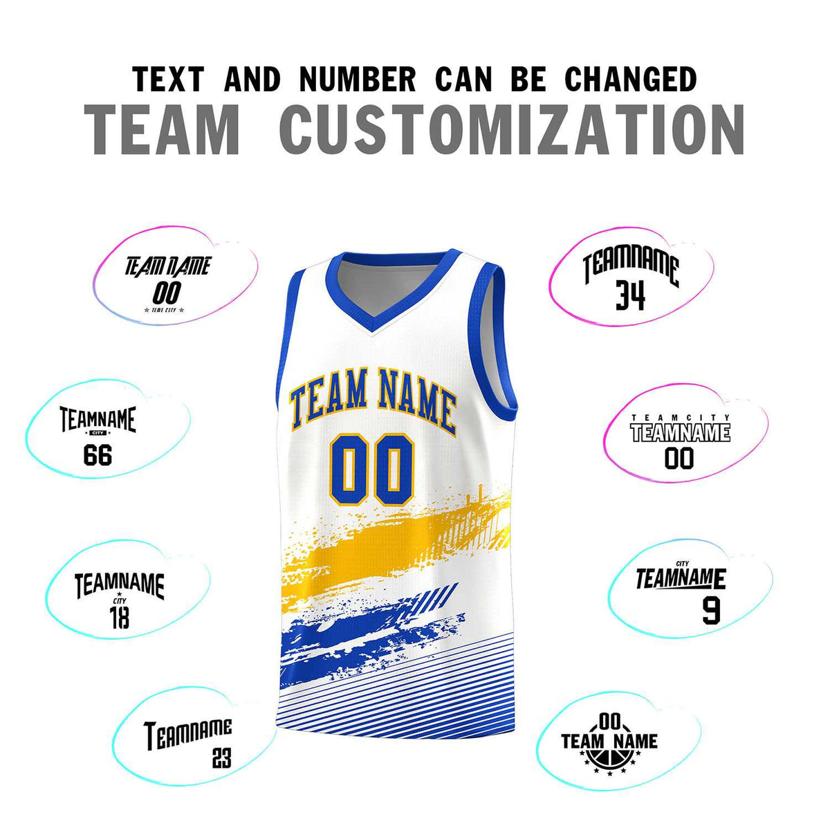 Custom White Yellow and Royal Graffiti Pattern Sports Uniform Basketball Jersey|KXKSHOP