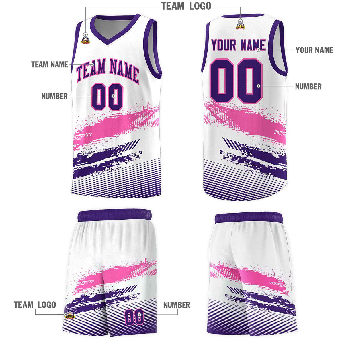 Custom White Pink and Purple Graffiti Pattern Sports Uniform Basketball Jersey|KXKSHOP
