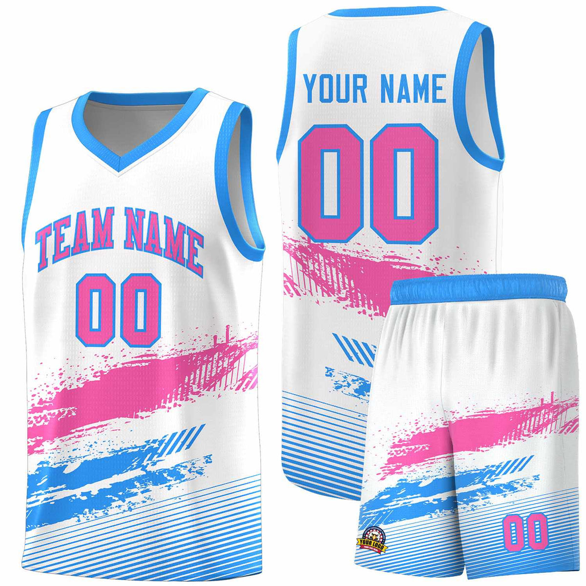Custom White Pink and Powder Blue Graffiti Pattern Sports Uniform Basketball Jersey|KXKSHOP