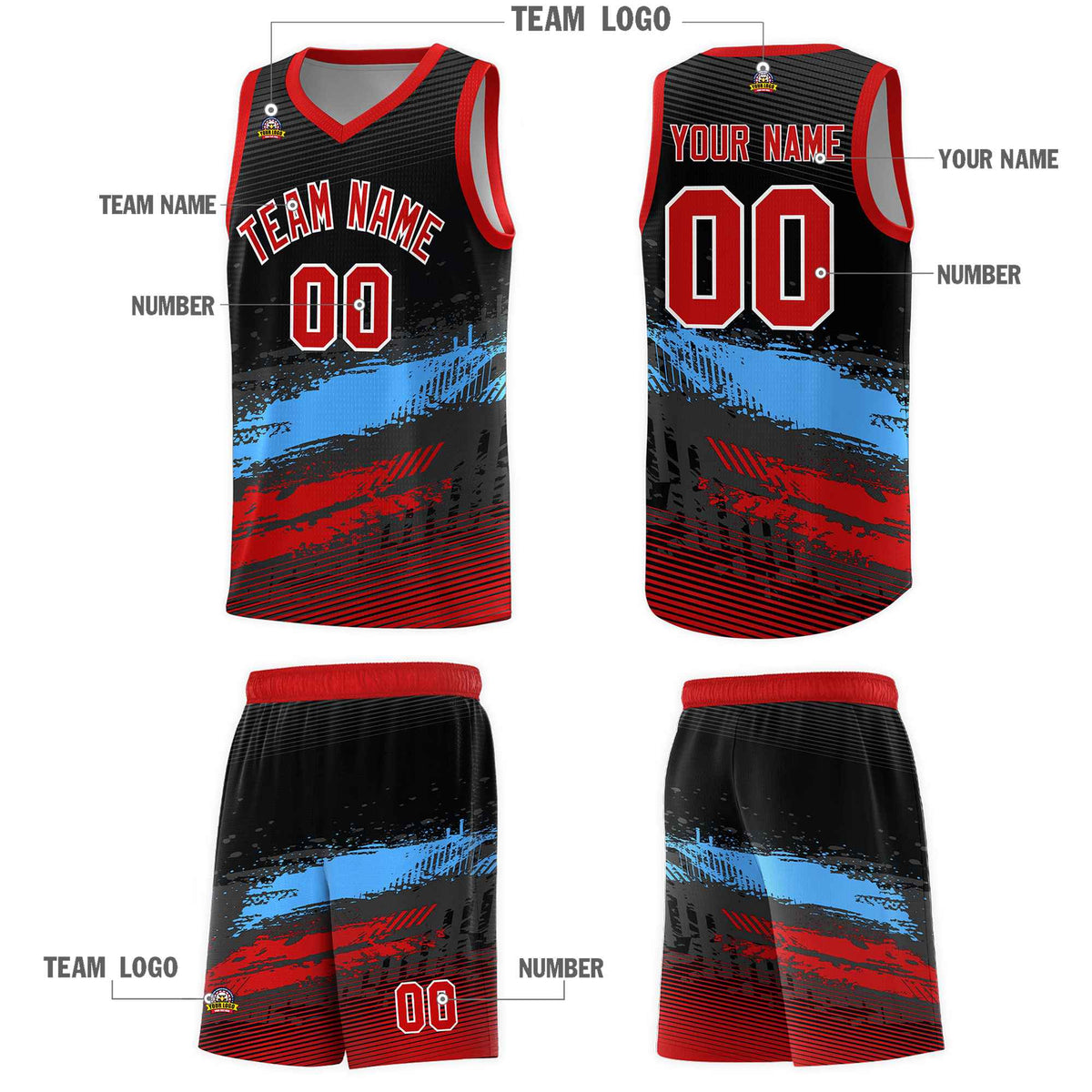 Custom Black Powder Blue and Red Graffiti Pattern Sports Uniform Basketball Jersey|KXKSHOP