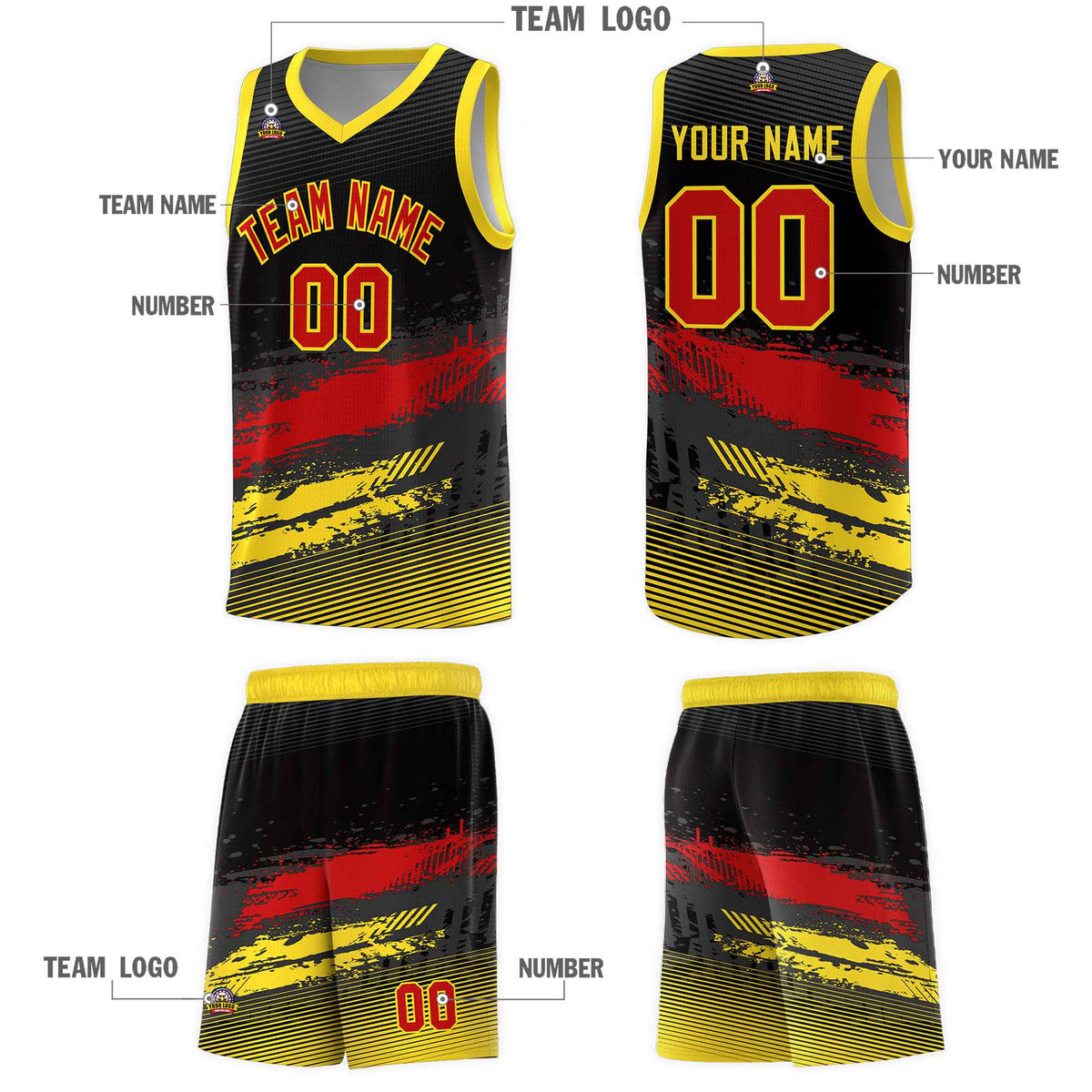 Custom Black Red and Gold Graffiti Pattern Sports Uniform Basketball Jersey|KXKSHOP