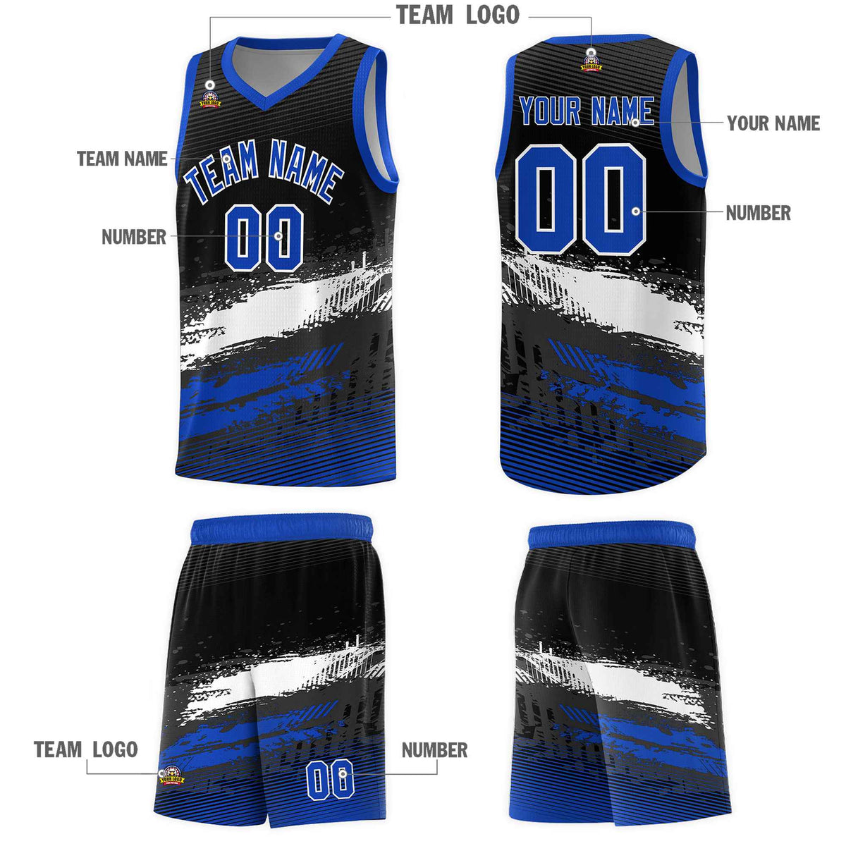 Custom Black White and Royal Graffiti Pattern Sports Uniform Basketball Jersey|KXKSHOP
