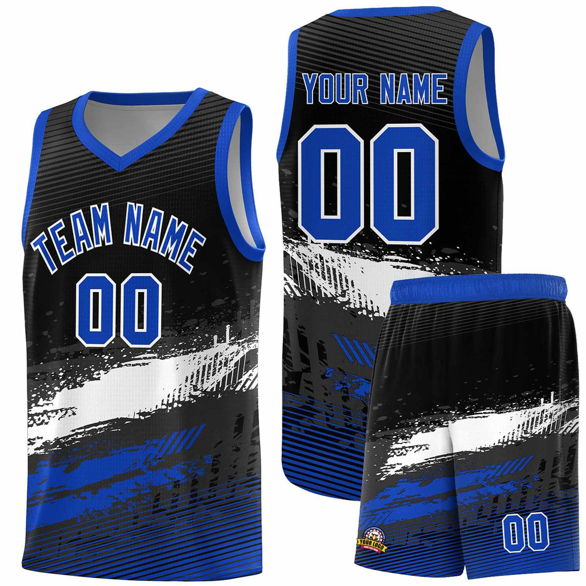 Custom Black White and Royal Graffiti Pattern Sports Uniform Basketball Jersey|KXKSHOP