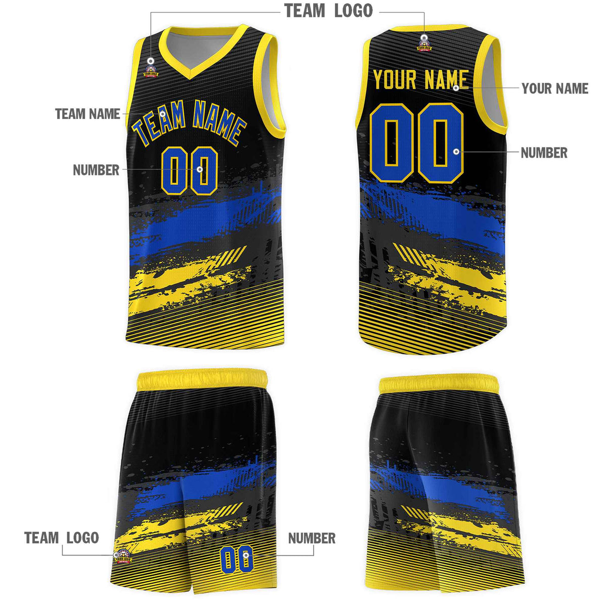 Custom Black Royal and Gold Graffiti Pattern Sports Uniform Basketball Jersey|KXKSHOP