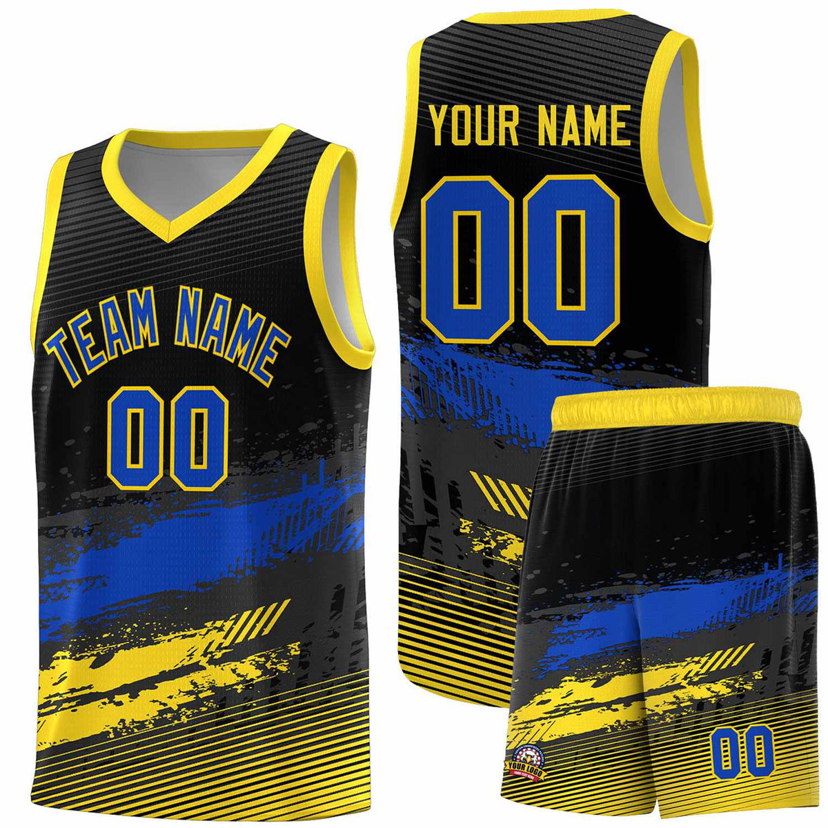 Custom Black Royal and Gold Graffiti Pattern Sports Uniform Basketball Jersey|KXKSHOP