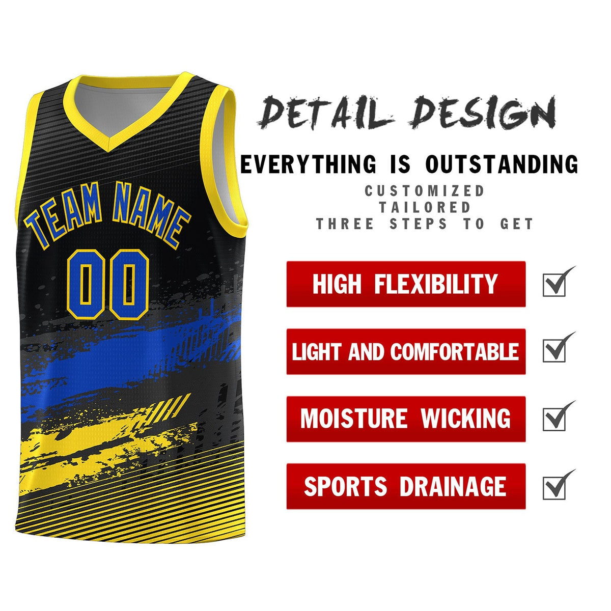 Custom Black Royal and Gold Graffiti Pattern Sports Uniform Basketball Jersey|KXKSHOP