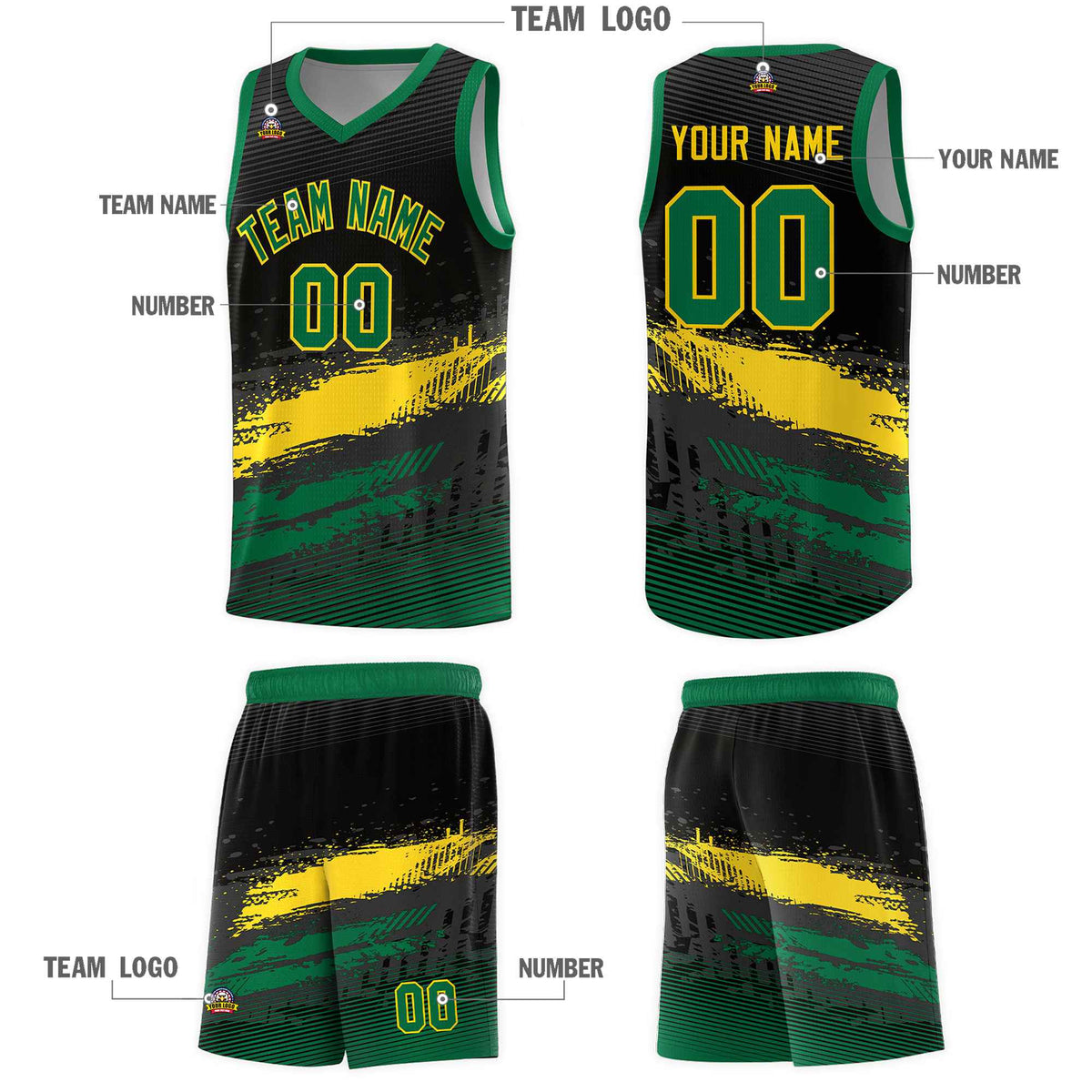 Custom Black Yellow and Kelly Green Graffiti Pattern Sports Uniform Basketball Jersey|KXKSHOP