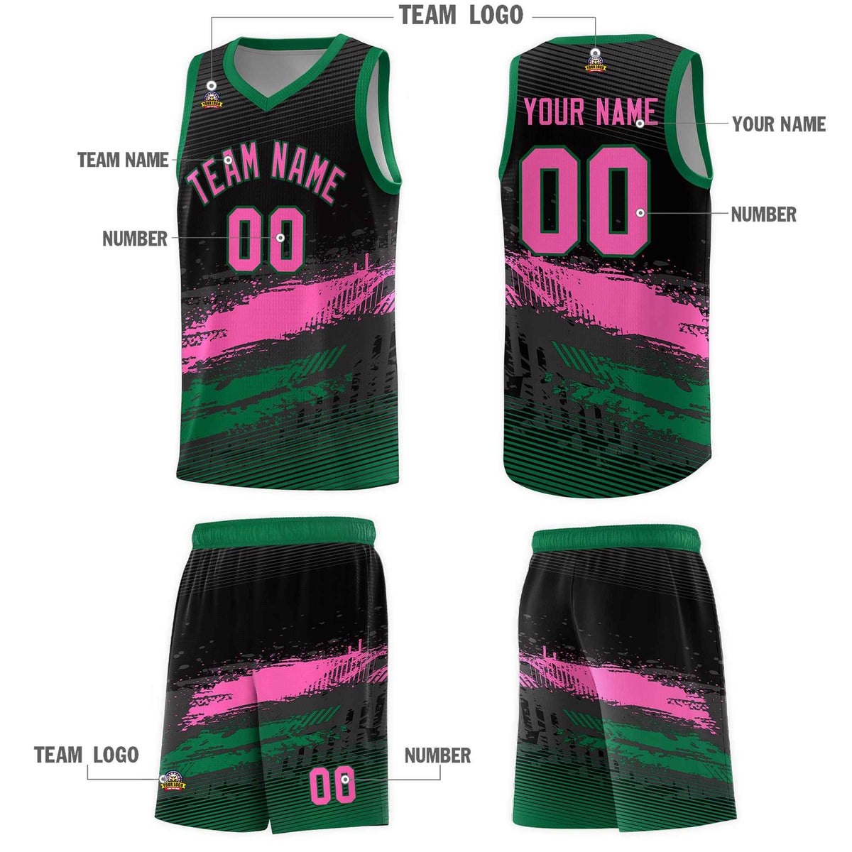Custom Black Pink and Kelly Green Graffiti Pattern Sports Uniform Basketball Jersey|KXKSHOP