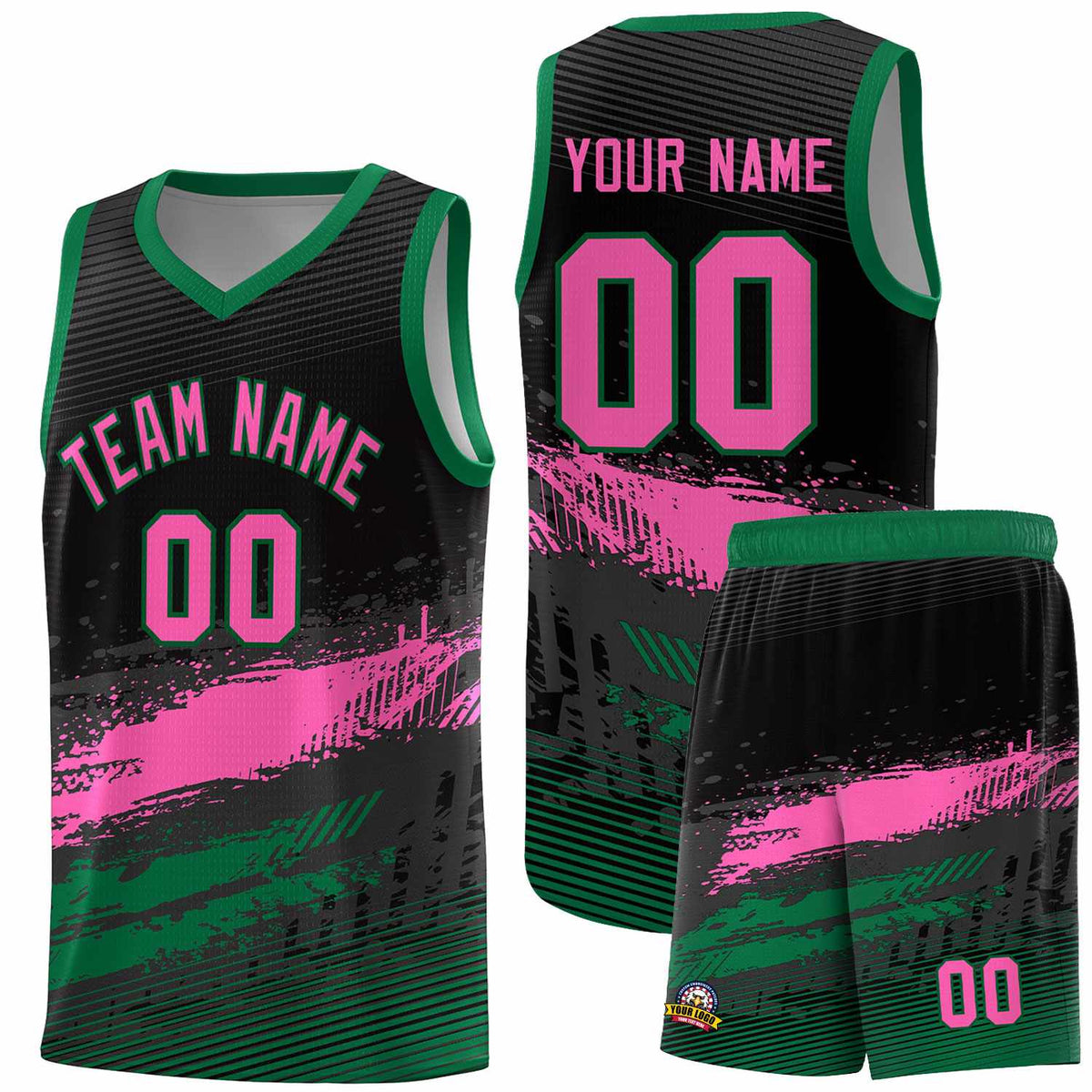 Custom Black Pink and Kelly Green Graffiti Pattern Sports Uniform Basketball Jersey|KXKSHOP