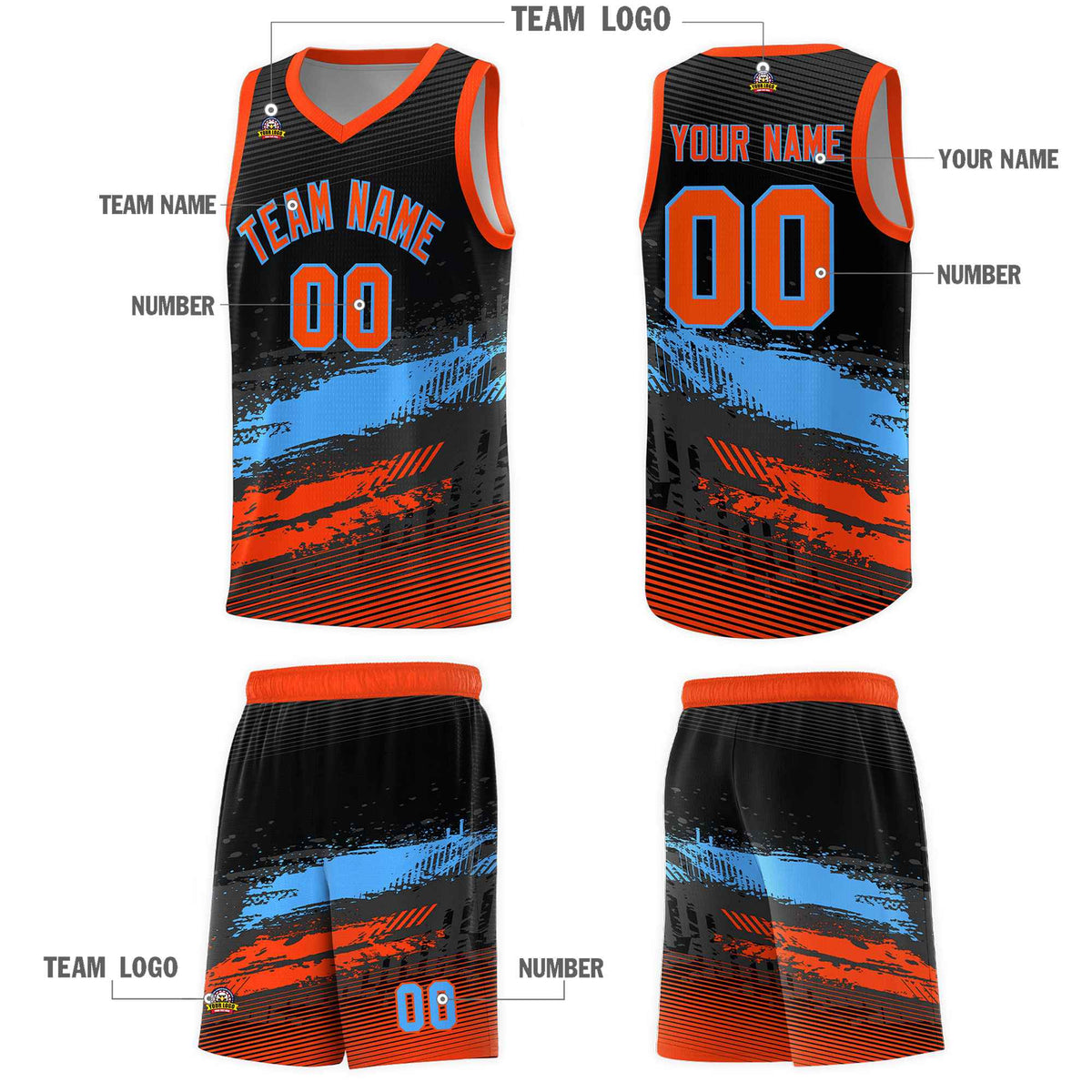 Custom Black Powder Blue and Orange Graffiti Pattern Sports Uniform Basketball Jersey|KXKSHOP