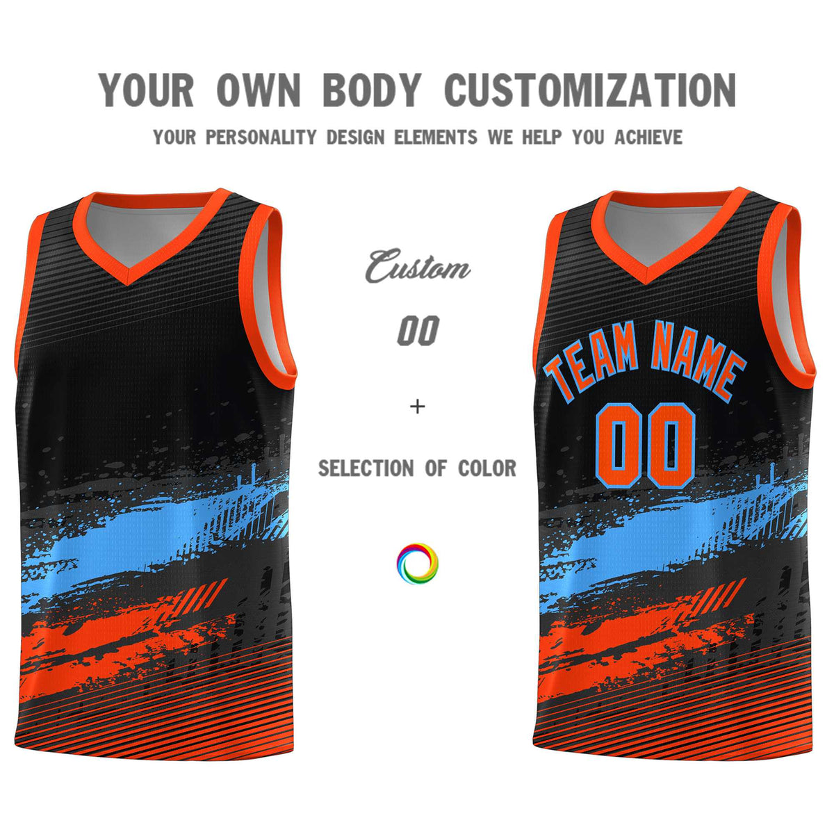 Custom Black Powder Blue and Orange Graffiti Pattern Sports Uniform Basketball Jersey|KXKSHOP