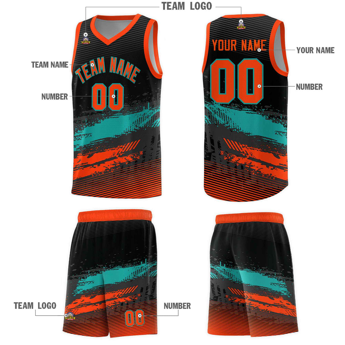 Custom Black Aqua and Orange Graffiti Pattern Sports Uniform Basketball Jersey|KXKSHOP