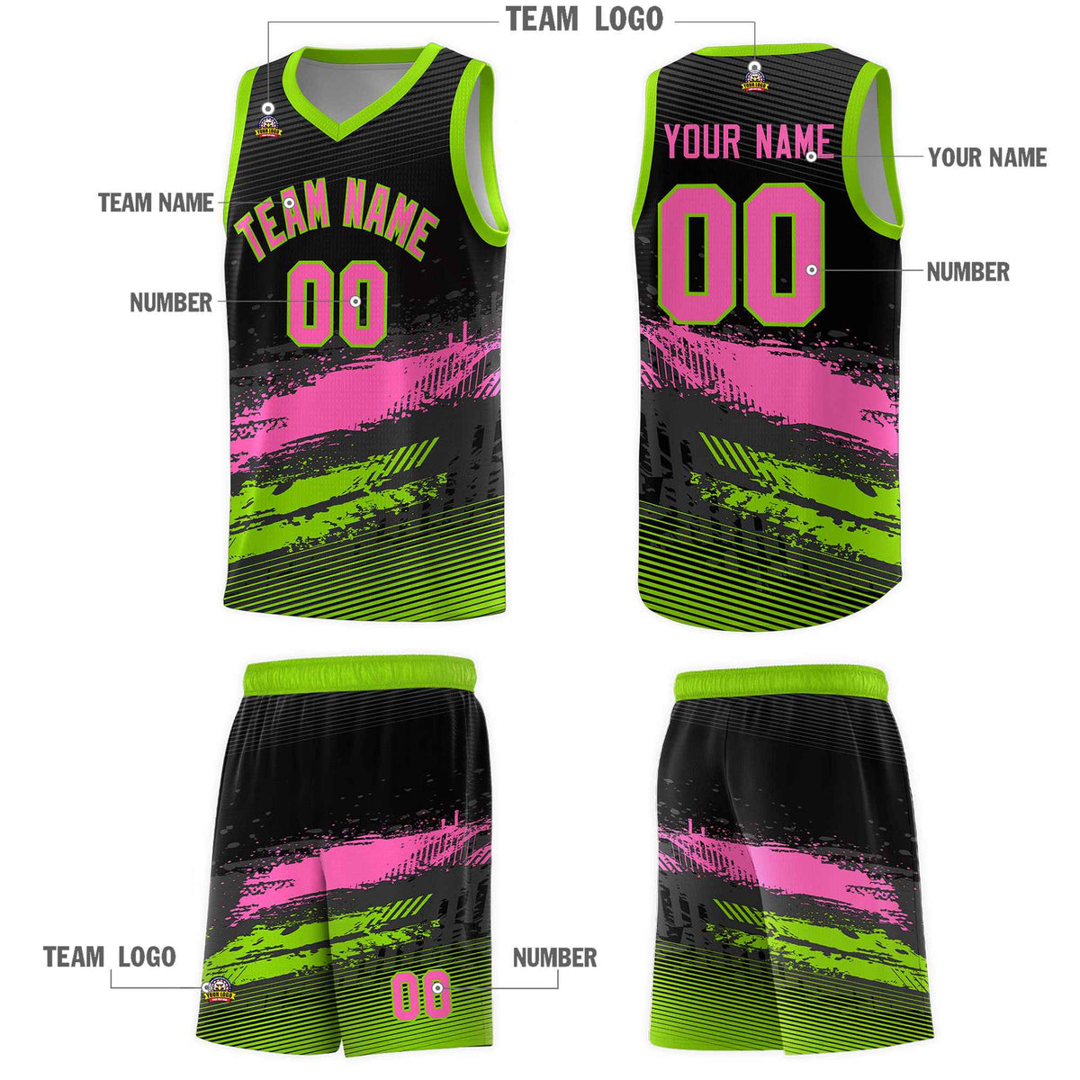 Custom Black Pink and Neon Green Graffiti Pattern Sports Uniform Basketball Jersey|KXKSHOP