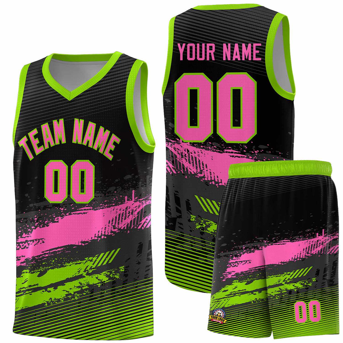 Custom Black Pink and Neon Green Graffiti Pattern Sports Uniform Basketball Jersey|KXKSHOP