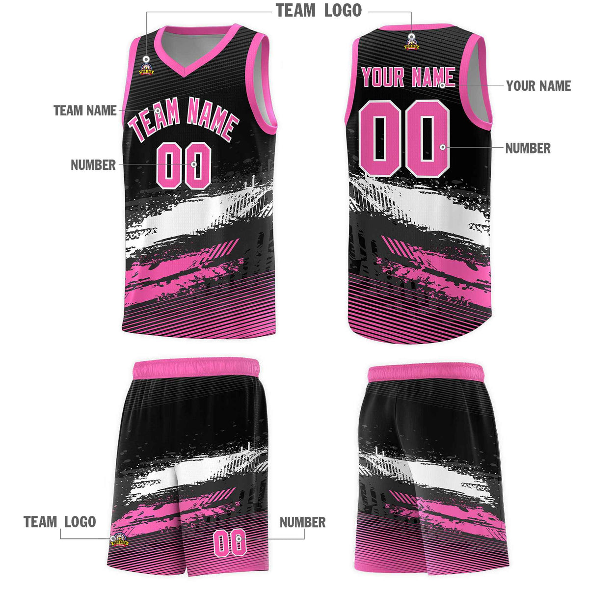 Custom Black White and Pink Graffiti Pattern Sports Uniform Basketball Jersey|KXKSHOP
