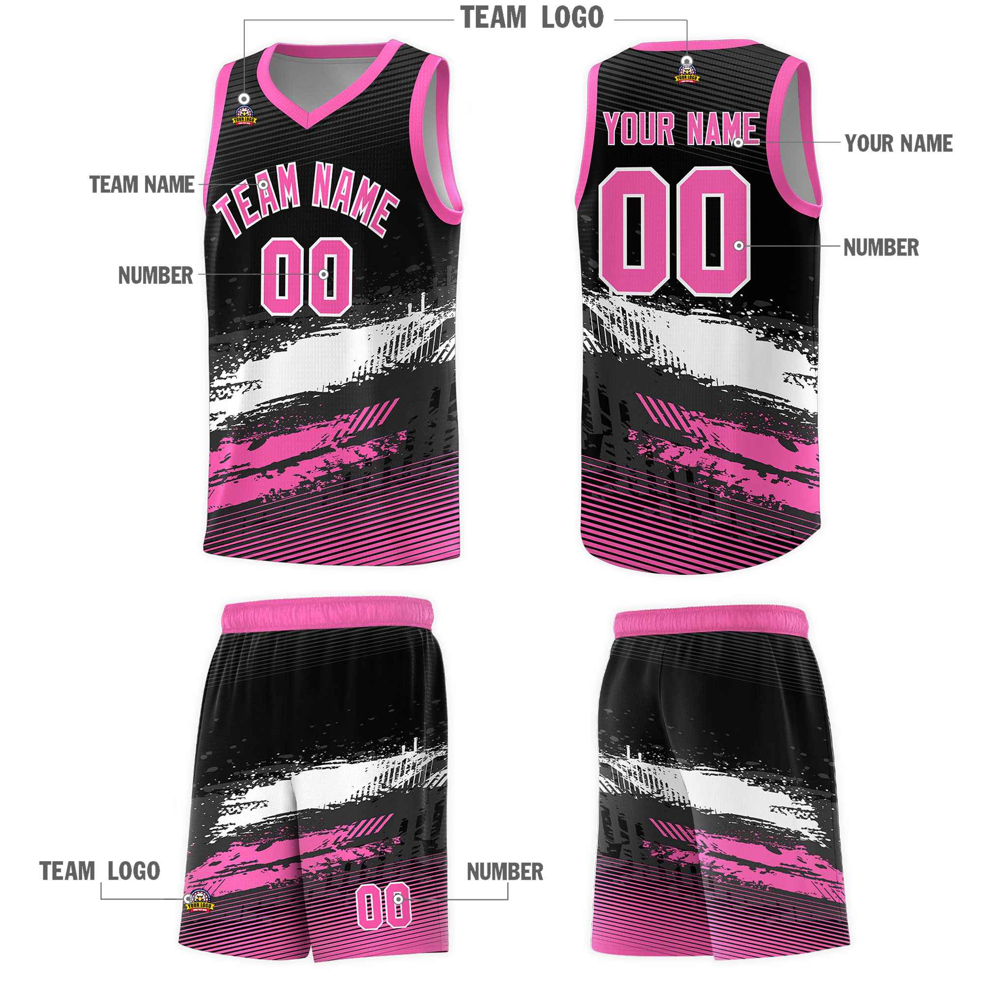 Custom Black White and Pink Graffiti Pattern Sports Uniform Basketball Jersey|KXKSHOP
