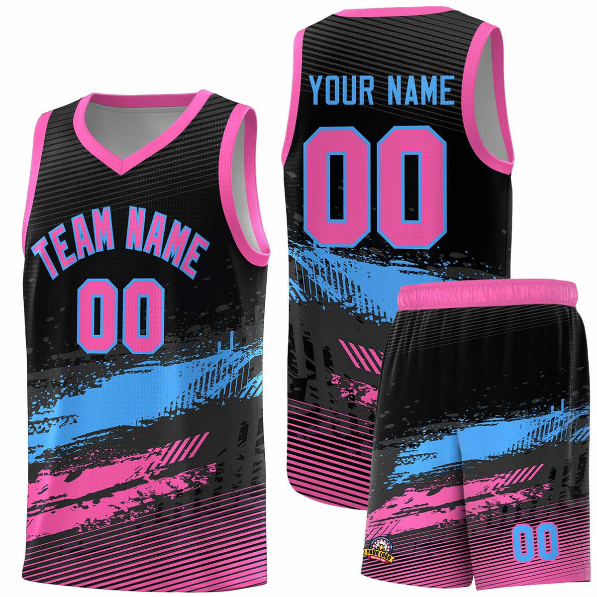 Custom Black Powder Blue and Pink Graffiti Pattern Sports Uniform Basketball Jersey|KXKSHOP